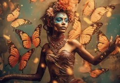 Glasschilderij - Vrouw met vlinders