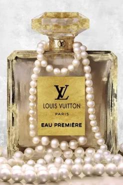 Glasschilderij incl. lijst - Gouden parfumfles