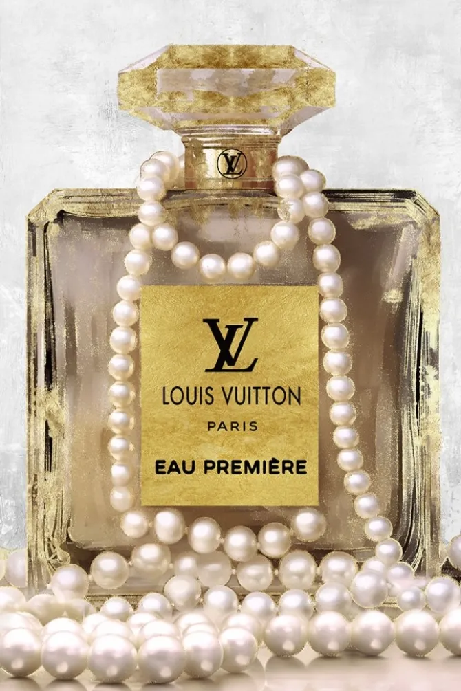 Glasschilderij incl. lijst - Gouden parfumfles